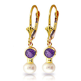 5.2 CTW 14K Solid Gold Leverback Earrings Cultured Pearl Amethyst