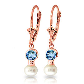 5.2 CTW 14K Solid Rose Gold Leverback Earrings Cultured Pearl Blue Topaz