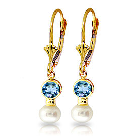 5.2 CTW 14K Solid Gold Leverback Earrings Cultured Pearl Blue Topaz