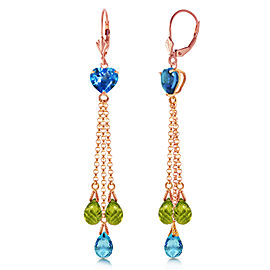 14K Solid Rose Gold Chandelier Earrings Briolette Blue Topaz & Peridots