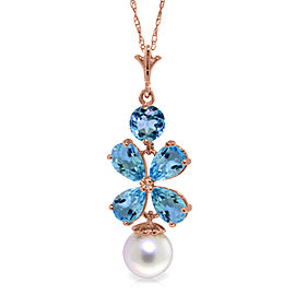 14K Solid Rose Gold Necklace with Blue Topaz & Cultured Pearl