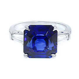 True Octagonal Asscher Cut Sapphire Three Stone Diamond Engagement Ring GRS Platinum