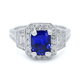 Rachel Koen Cushion Cut Sapphire Vintage Inspired Diamond Ring 18K White Gold