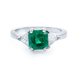 Rachel Koen Green Emerald Three Stone Diamond Ring Platinum Size 6.25