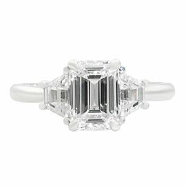 18k White Gold Emerald & Trapezoid Three Stone Diamond Engagement 1.96ct Ring