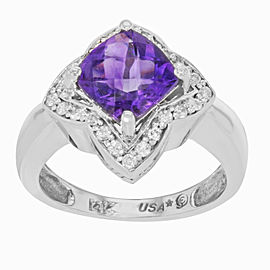 True 14K White Gold Amethyst Diamond Womens Cocktail Ring Size 7