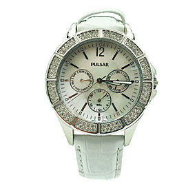 Pulsar Steel Mother Of Pearl Quartz White Leather Strap Ladies Watch V33J-X065