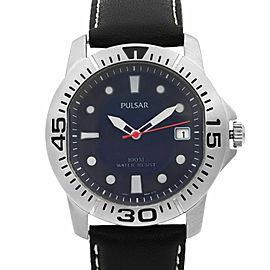 Pulsar Sport Steel Blue Dial Black Leather Quartz Mens Watch PXH335