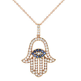 True 18K Rose Gold Diamond & Blue Sapphire Hamsa Pendant 1.01cttw