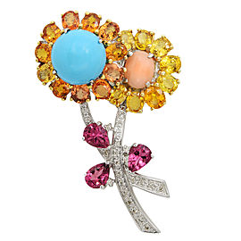 18K White Gold Sapphire Diamond Citrine Flower Brooch