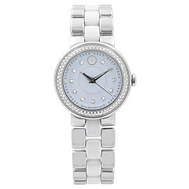 Movado Cerena 28mm Steel White Ceramic Diamond Bezel Quartz Ladies Watch 0606931