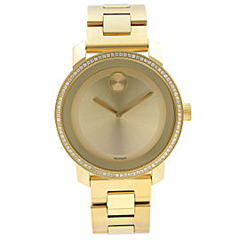 Movado Bold Steel 36mm Diamond Bezel Gold Dial Quartz Unisex Watch 3600150