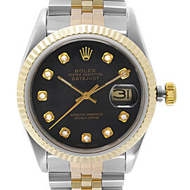 Rolex Datejust 36mm 18k Gold Steel Custom Black Diamond Dial Mens Watch