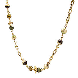 Chanel Cc Logo Star Gold Tone Olive Brown Bead Long Necklace