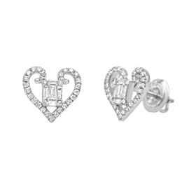 True Emerald & Round Diamond Heart Shape Stud Earrings White Gold 0.50cts