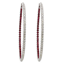 True Inside Out Diamond Red Ruby Large Hoop Earrings 2.30cts 14K White Gold 2 inches