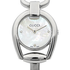 Gucci Horsebit 28mm Steel White MOP Diamond Dial Quartz Ladies Watch