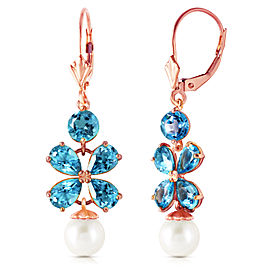 6.28 CTW 14K Solid Rose Gold Chandelier Earrings Blue Topaz Cultured Pearl