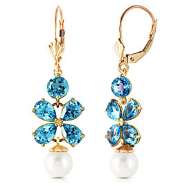 6.28 CTW 14K Solid Gold Chandelier Earrings Blue Topaz Cultured Pearl