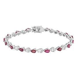 True Pear Shaped Ruby & Diamond Tennis Bracelet 14K White Gold 7 Inches