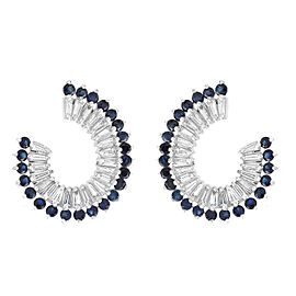 True Blue Sapphire & Diamond Hoop Earrings 14K White Gold