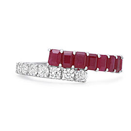 Emerald Cut Ruby & Round Diamond Ladies Ring 14K White Gold Size 7