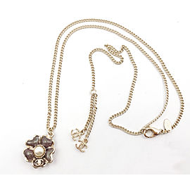 Chanel Gold Plated Flower Plum Simulated Glass Pearl Pendant Necklace