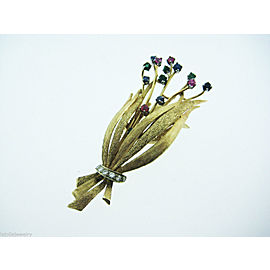 Fine Estate 14K Yellow Gold Flower Brooch Pin Diamond Ruby Sapphire Emerald