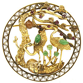 14K Yellow Gold Round Stork Jade Ruby Pendant Brooch Pin