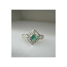 14K WHITE GOLD AQUA EMERALD STONE / DIAMONDS LADIES RING SIZE 6.5