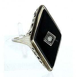 Vintage 14k White Gold Diamond Onyx Round Diamond Ladies Ring Size 4