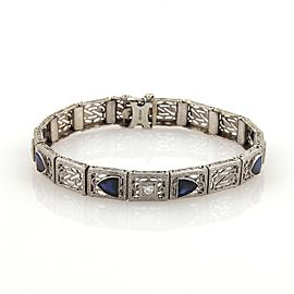 Art Deco Sapphire & Diamonds 14k White Gold Filigree Bracelet