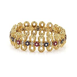 Estate 5.5ct Diamond Sapphire Ruby 18k Gold Floral Double Loop Link Bracelet