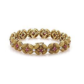 Vintage 3.40ct Diamond & Ruby 18k Yellow Gold Beaded Floral Link Bracelet