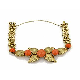 Vintage 14k Yellow Gold & Coral Floral Design Fancy Chain Bracelet