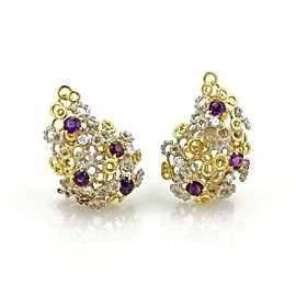 Estate 3 ct Diamond & Amethyst 18k Two Tone Gold Large Fancy Post Clip Earrings