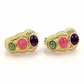 Amethyst & Tourmaline 18k Carats 18k Gold Curved Huggie Post Clip Earrings