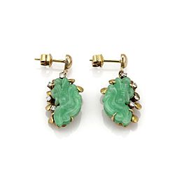 Vintage Diamond & Jade 14k Yellow Gold Carved Floral Drop Dangle Earrings