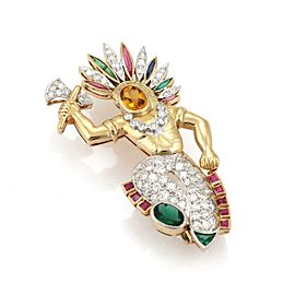 Estate 1.45ct Diamond & Gems Platinum 18k Yellow Gold Native Indian Brooch