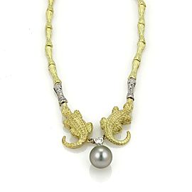 18k Two Tone Gold Diamond & Pearl Aligator Log Design Necklace