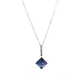 FINE ESTATE 14K WHITE GOLD BLUE STONE DIAMOND SQUARE PENDANT NECKLACE