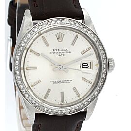 Mens Vintage Rolex Oyster Perpetual Date Steel Silver Dial Diamond Watch