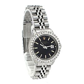 Ladies ROLEX Oyster Perpetual Date Steel 26mm Black Stick Dial Diamond Watch