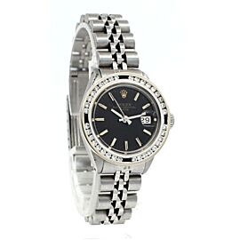 Ladies ROLEX Oyster Perpetual Date Steel 26mm Black Stick Dial Diamond Watch