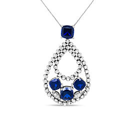 18K White Gold 1.00 Cttw Diamond and Blue Cushion-Shape Sapphire Openwork Teardrop Shape 18" Pendant Necklace (G-H Color, I1-I2 Clarity)