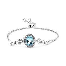 True .925 Sterling Silver 10x8mm Oval Blue Topaz and Diamond Accent Lariat 4”-10” Adjustable Bolo Bracelet (H-I Color, SI1-SI2 Clarity)