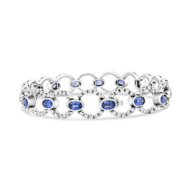 18K White Gold 6 Cttw Diamond and 5x3mm Oval Blue Sapphire Openwork Circle Link Bracelet (F-G Color, SI1-SI2 Clarity) - Size 7"