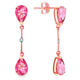 14K Solid Rose Gold Diamonds & Pink Topaz Dangling Earrings