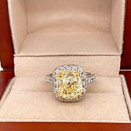 Antique Style Cushion 4.30 ctw Fancy Yellow VVS Diamond Ring 14K White Gold