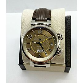 Louis Vuitton Q1154 Tambour GMT Alarm Brown Leather Strap 18K White Gold